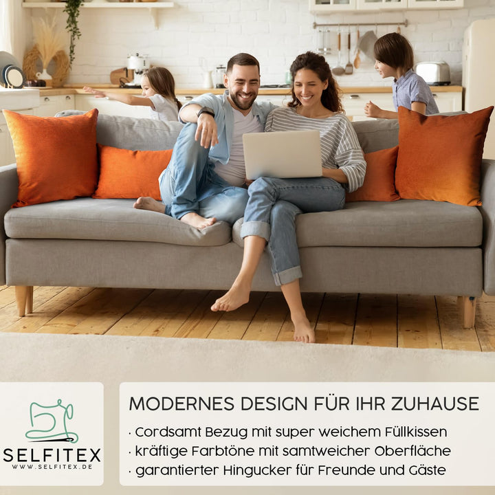 Selfitex 4er Set Cord Kissen 2X 50x50 + 2X 30x50, Couchkissen mit Füllung und Bezug, Kissen Cord, sa