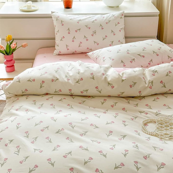 Baumwolle Bettwäsche Set 135x200cm 2teilig Weiss Rosa Grün Blumen Floral Bettwäsche Blumenmuster Mäd