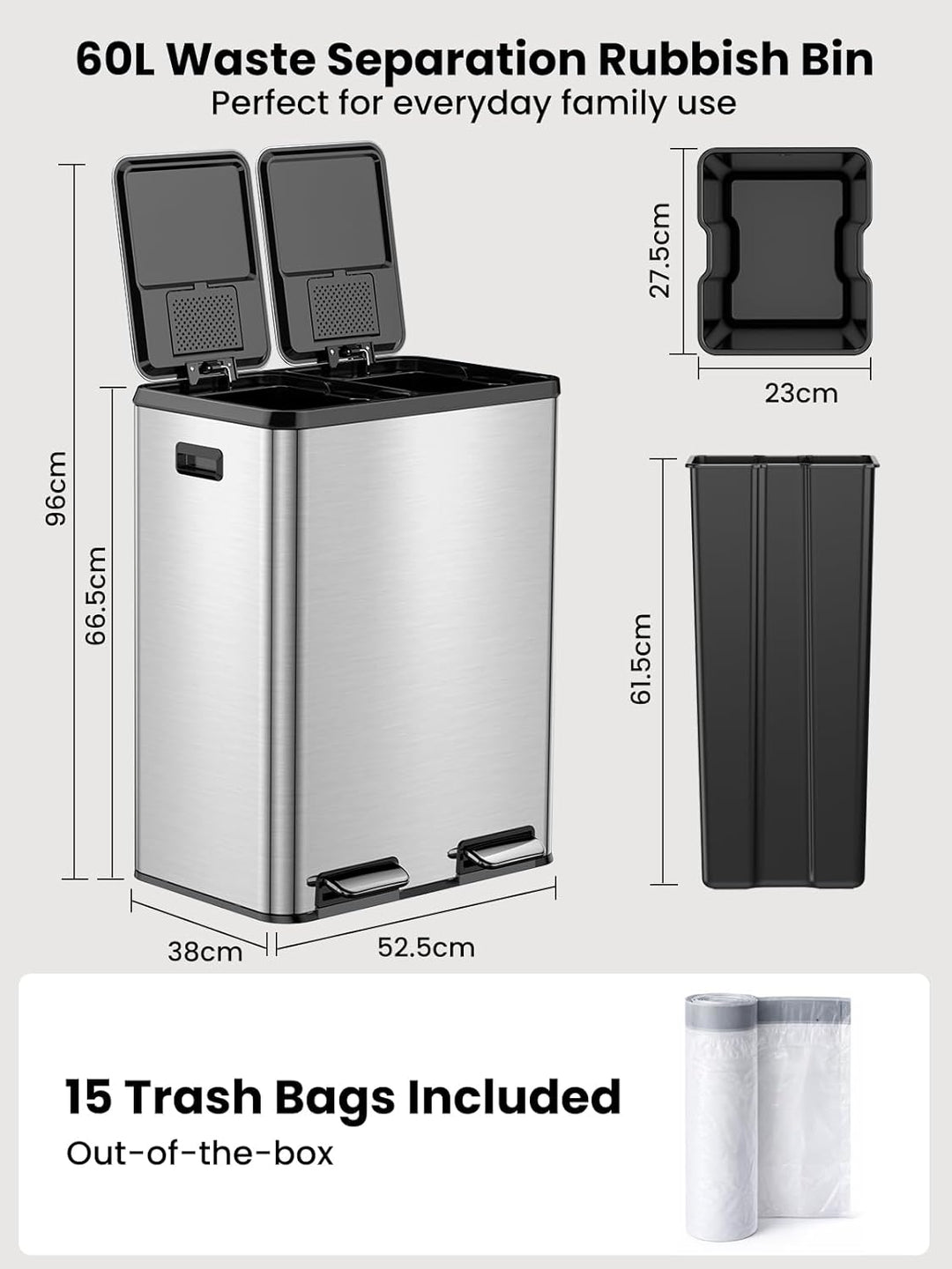 YEAUPE PRO Mülleimer Küche 2x30L Edelstahl, 60L Doppel Treteimer Mülltrennung, Abfalleimer mit Soft