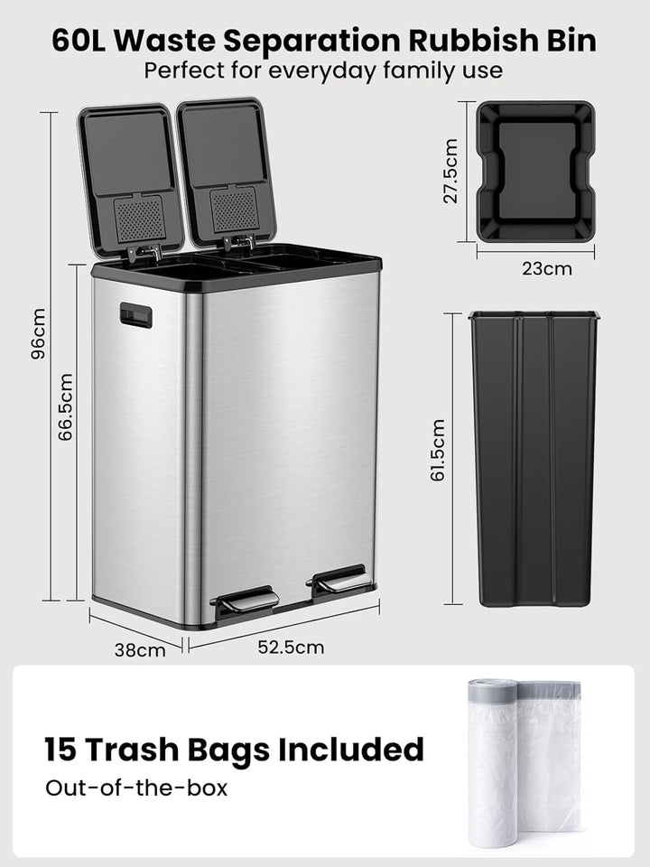 YEAUPE PRO Mülleimer Küche 2x30L Edelstahl, 60L Doppel Treteimer Mülltrennung, Abfalleimer mit Soft