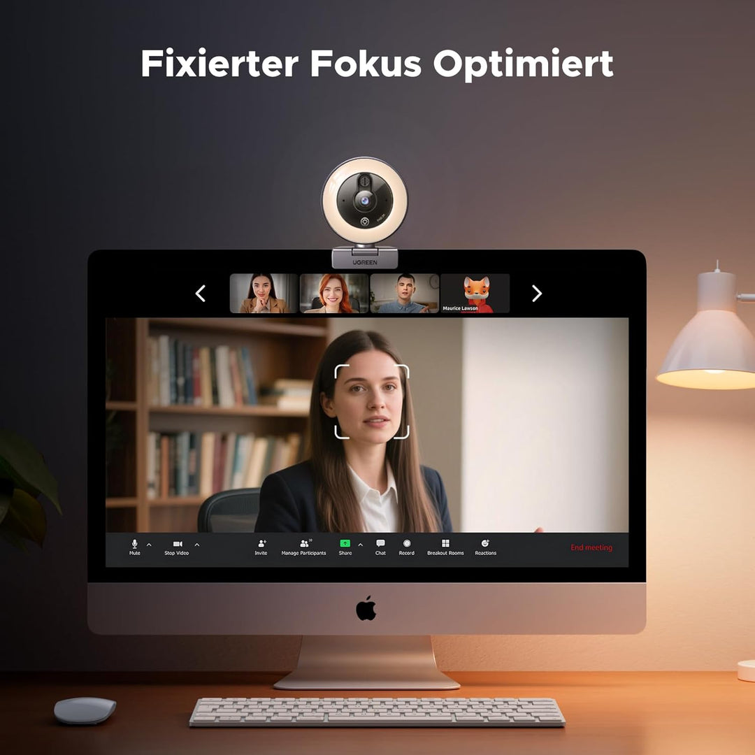 UGREEN 2K Webcam mit Ringlicht PC Kamera mit mikrofon Streaming Kamera mit Abdeckung Fixfokus 4 Füll