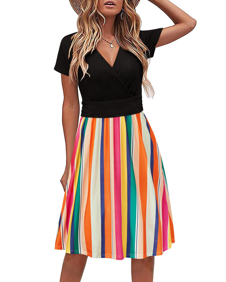 STYLEWORD Damen Sommerkleid Kurzarm V-Ausschnitt Kleider Blumenmuster Kleid Wickelkleid Mit Taschen