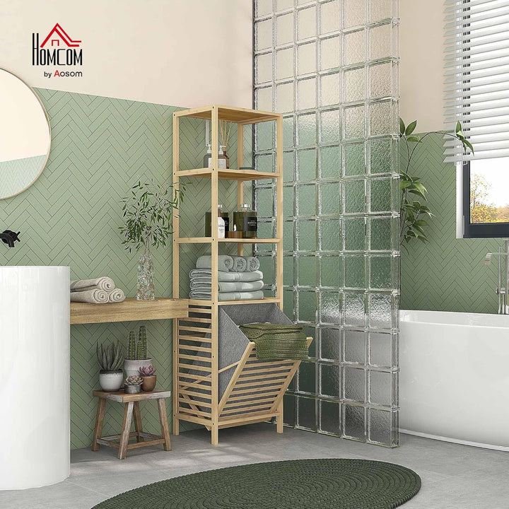 HOMCOM Badregal mit Wäschekorb, Badezimmerregal mit 3 Ebenen, Ausziehbarem Stoffkorb, Badschrank mit