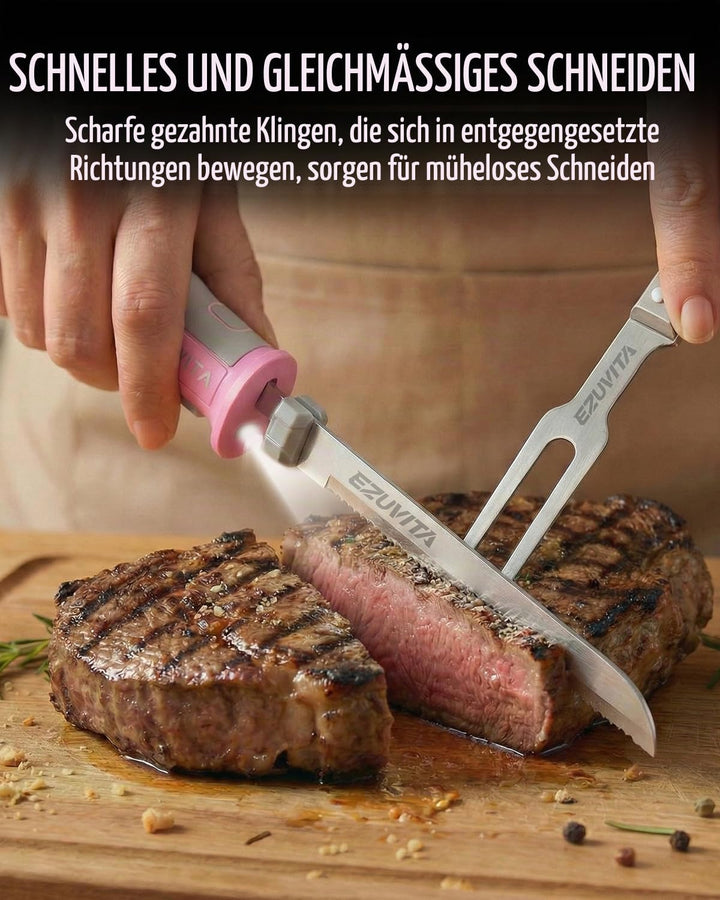 8V Elektromesser, Kabelloses Küchenmesser mit 2 Edelstahlklingen, Elektrisches Messer mit Gabel, aus