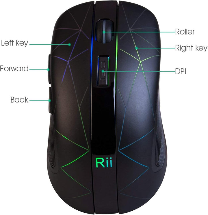 Rii Gaming RM200 Wireless - Drahtlose Gaming Maus, 1600 DPI, 5 Tasten, wiederaufladbar, mit bunten L