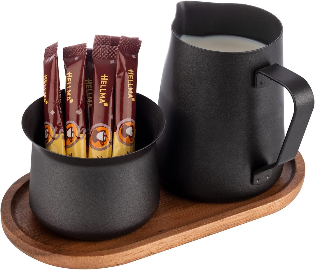 APS 634 Milch- und Zucker-Set, 5-tlg. Set, Akazienholz, Edelstahl, antihaft beschichtet, schwarz, Sc