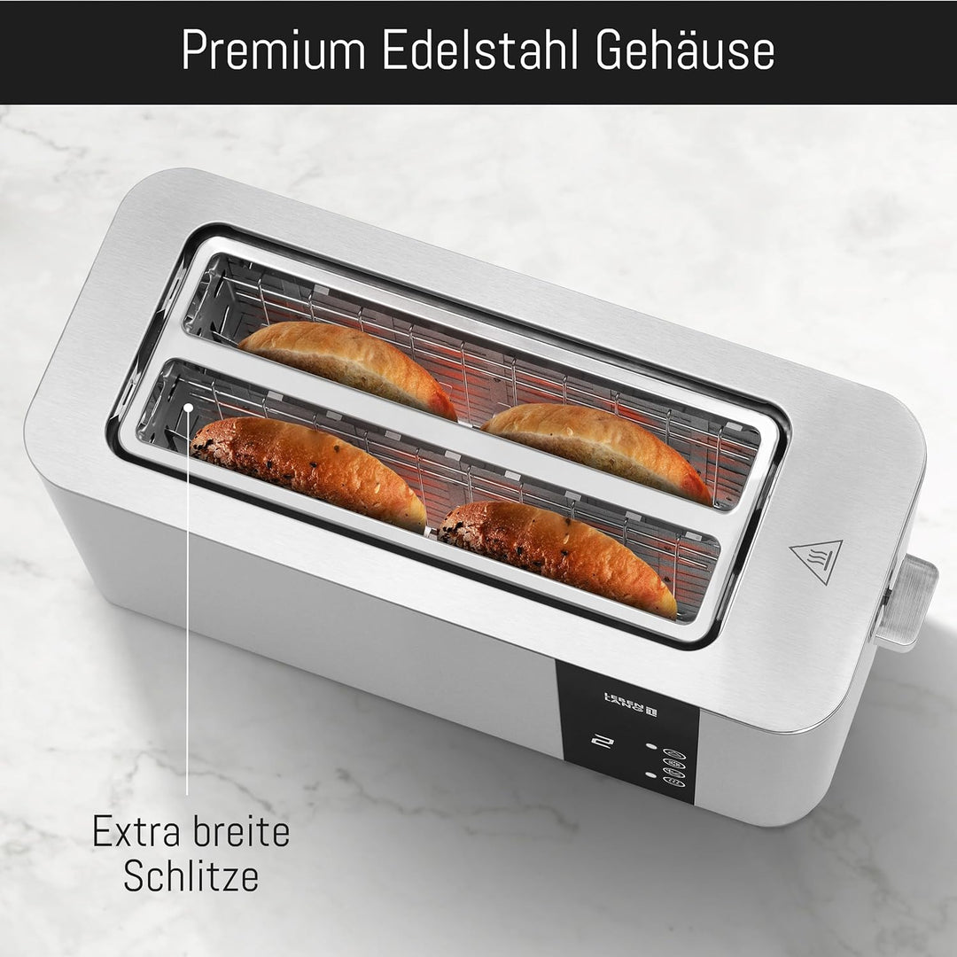 LEBENLANG Langschlitz Toaster 4 Scheiben mit Brötchenaufsatz - Touchscreen LED Display & 7 Stufen I