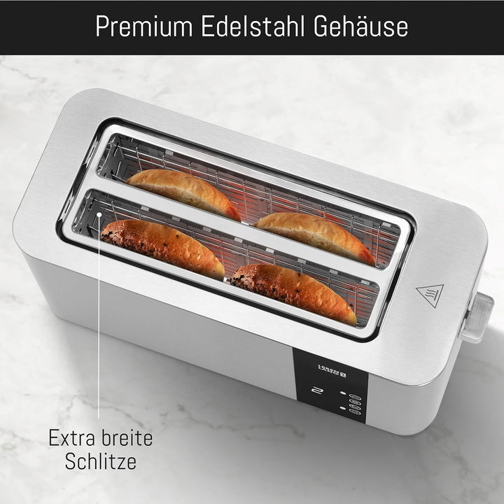 LEBENLANG Langschlitz Toaster 4 Scheiben mit Brötchenaufsatz - Touchscreen LED Display & 7 Stufen I