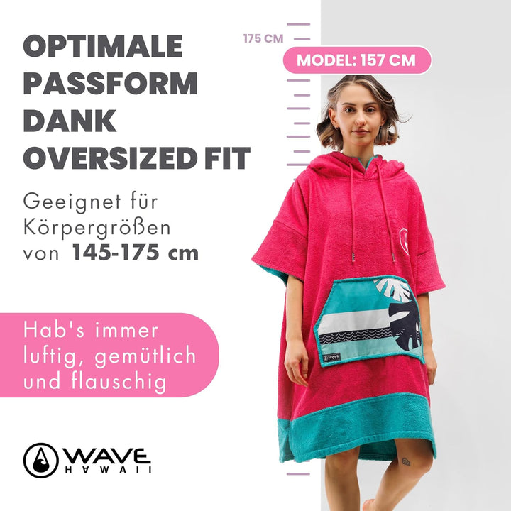 WAVE HAWAII Poncho Pink Wave Surfponcho 100% Baumwolle für Körpergrössen von 145-175 cm Umkleidehilf