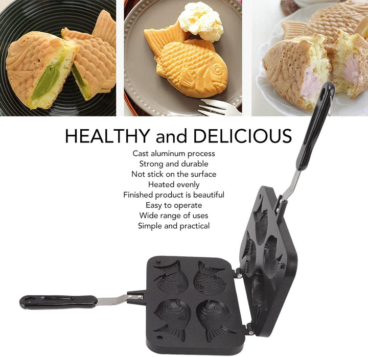 Taiyaki Fish Shape Cake Pan, 4 Trays Non Stick Waffle Cake Maker Pan mit Anti Scalding Handle, Alumi