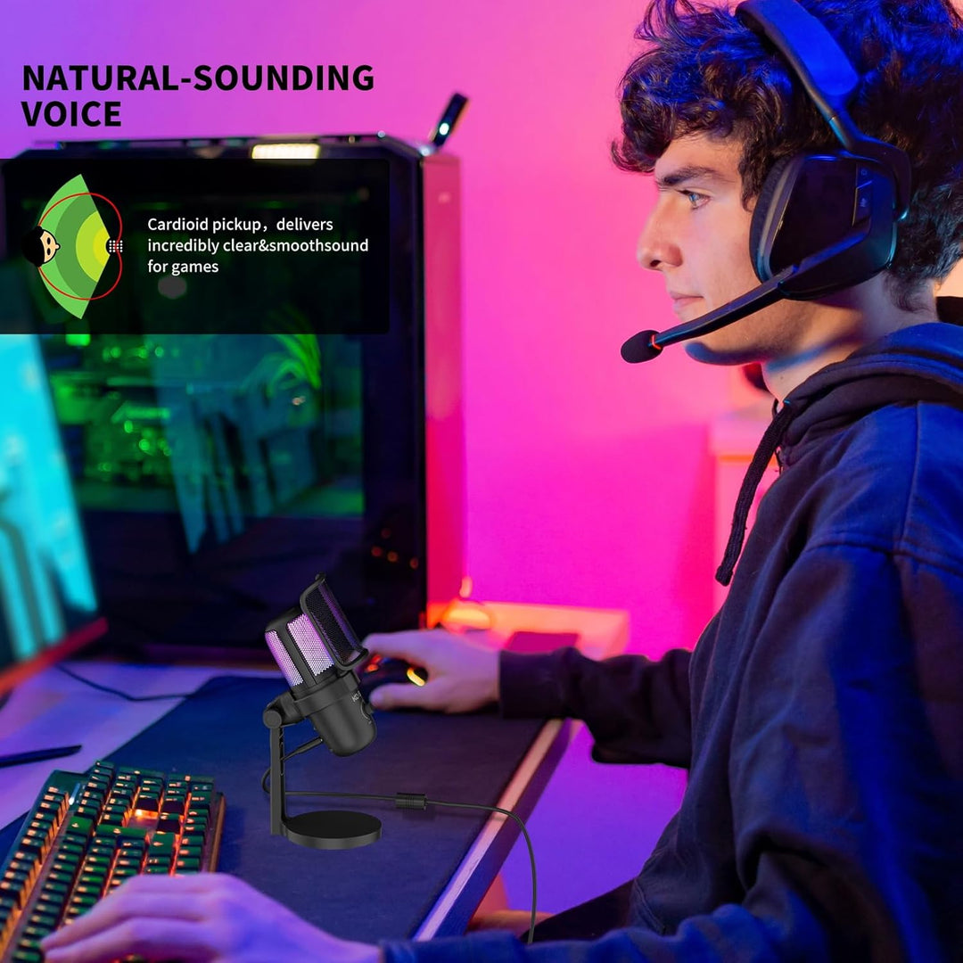 USB Gaming Mikrofon für PC, RGB Kondensator Mikrofon mit Adapter für Handy,Stumm/Gain, Anti-Plosive