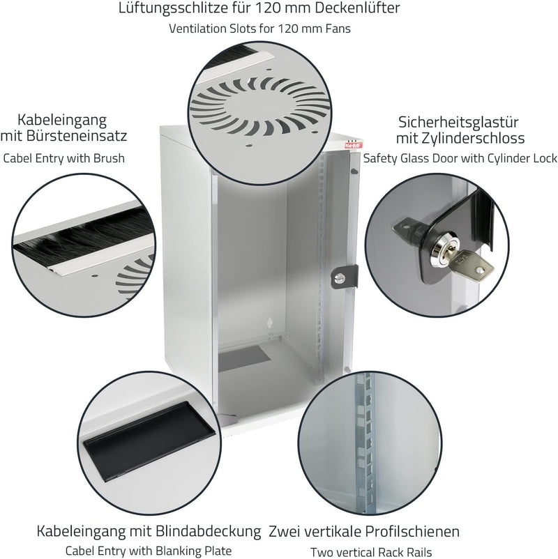 HMF 63412-07 Netzwerkschrank, Serverschrank 10 Zoll | 12 HE | 300 mm Tiefe | Voll montiert | Glastür