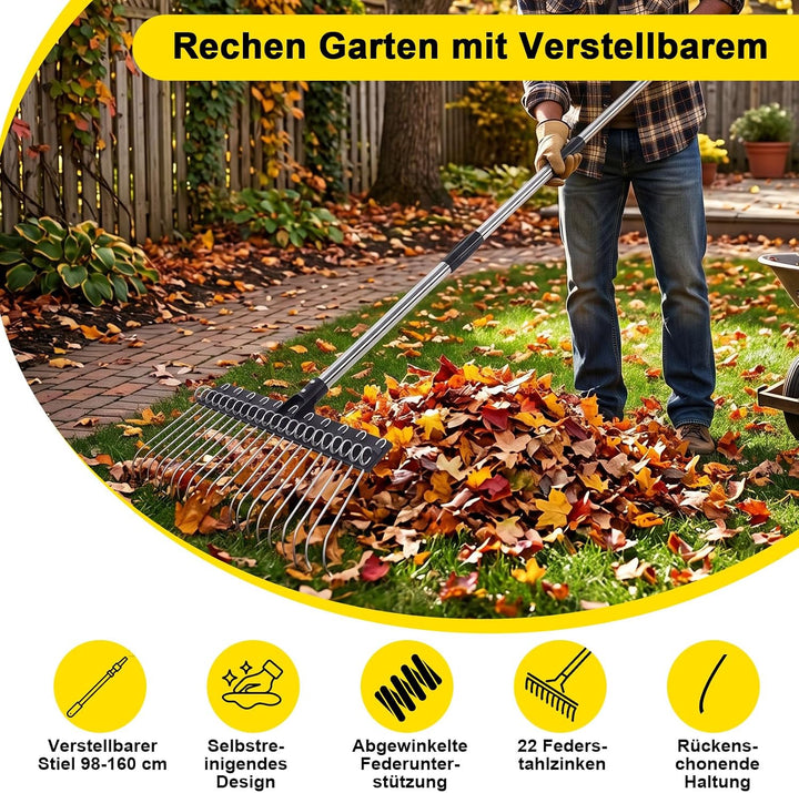 Rechen Garten mit Verstellbarem Stiel Breiter Gartenrechen mit 22 Federstahlzinken für Rasen, Laub &amp;
