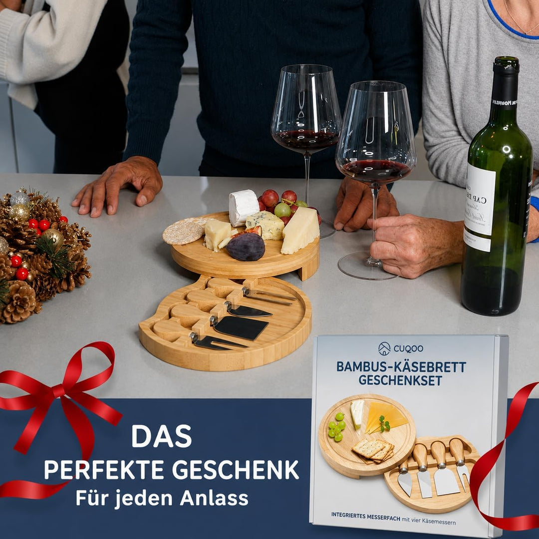 CUQOO Käsebrett-Set mit rundem Holzbrett mit integriertem herausziehbarem Messerfach, 3 Edelstahlmes