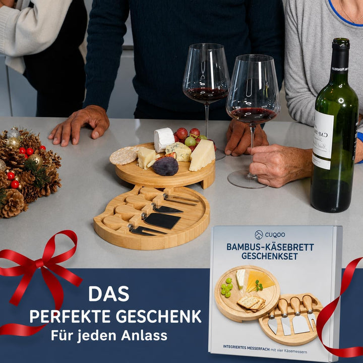 CUQOO Käsebrett-Set mit rundem Holzbrett mit integriertem herausziehbarem Messerfach, 3 Edelstahlmes