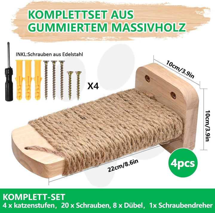 Katzentreppe Wand(4pcs), Kletterwand Katzen, mit Einlage-Handwerkskunst, aus 2cm Massives Gummiholz,