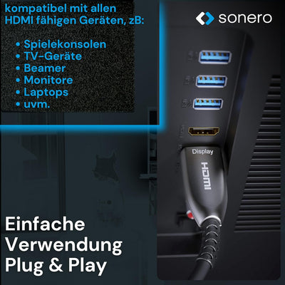 Sonero 15m HDMI Kabel 2.0b, Glasfaser Hybrid, UHD 2160P, 4K60Hz, 4:4:4, HDR, 18Gbps, schwarz 4K HDMI