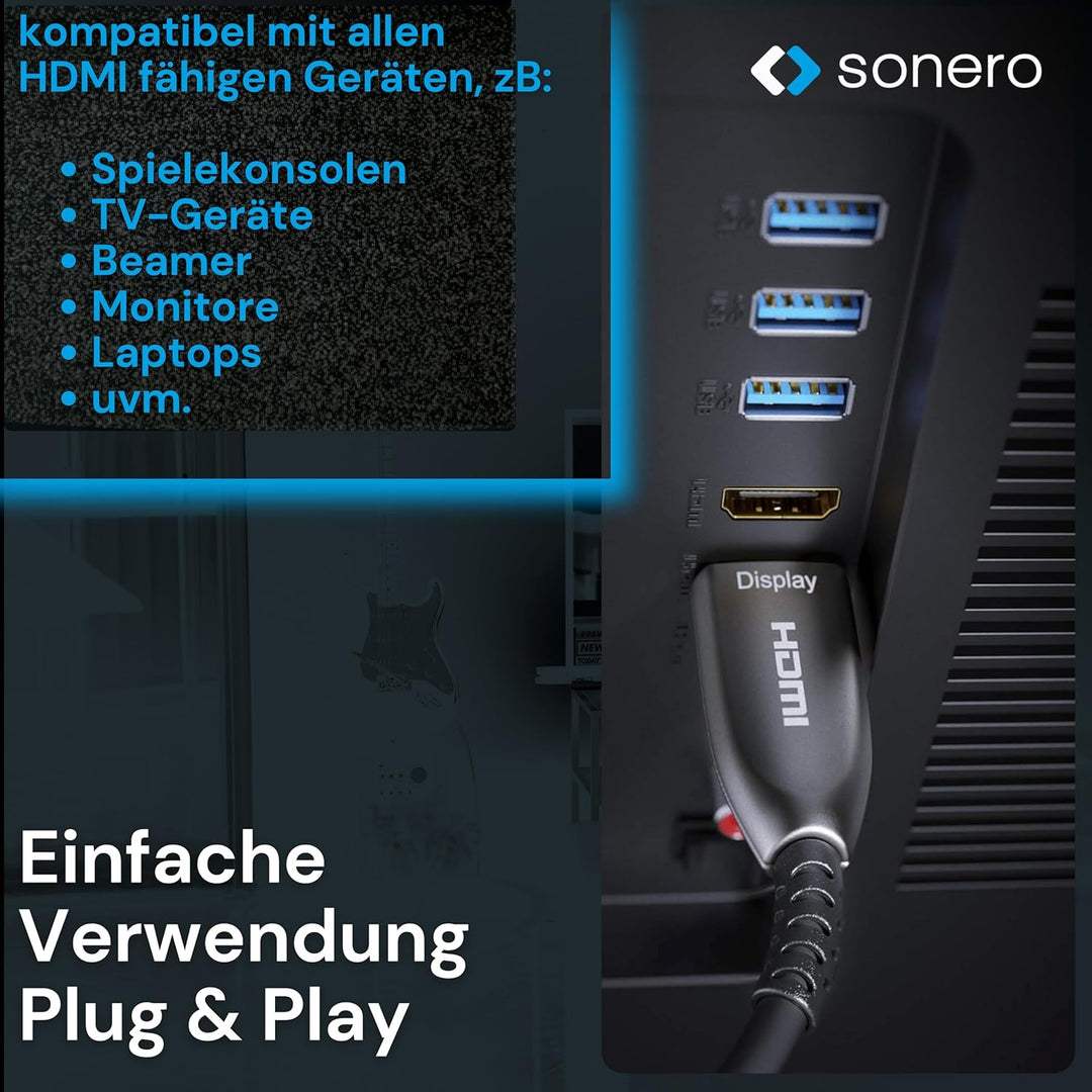 Sonero 10m HDMI Kabel 2.0b, Glasfaser Hybrid, UHD 2160P, 4K60Hz, 4:4:4, HDR, 18Gbps, schwarz 4K HDMI