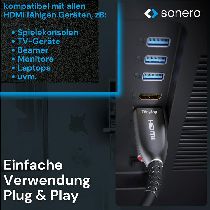 Sonero 10m HDMI Kabel 2.0b, Glasfaser Hybrid, UHD 2160P, 4K60Hz, 4:4:4, HDR, 18Gbps, schwarz 4K HDMI