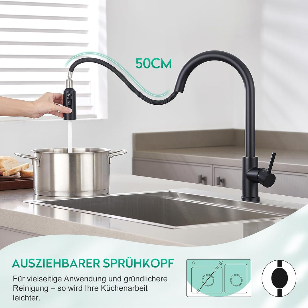 CREA 3 Wege Küchenarmatur mit Brause, Drei Wege Wasserhahn Küche Ausziehbar, 360° Drehbar 3 Wege Mis