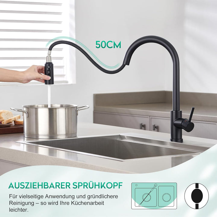 CREA 3 Wege Küchenarmatur mit Brause, Drei Wege Wasserhahn Küche Ausziehbar, 360° Drehbar 3 Wege Mis