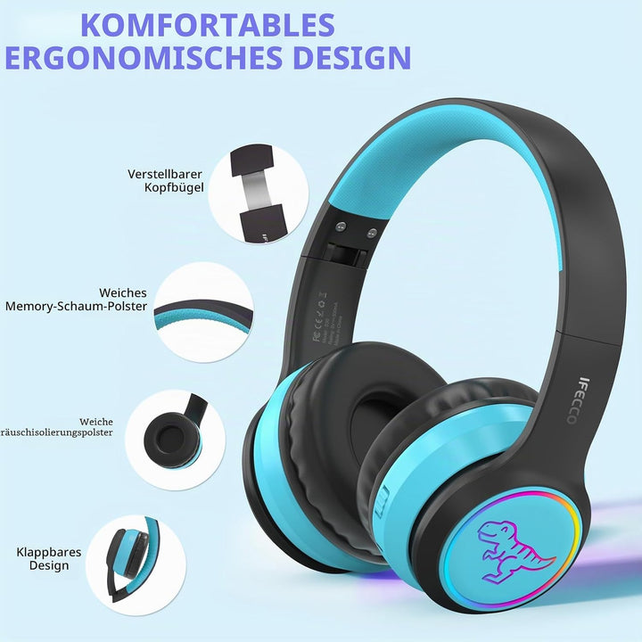 IFECCO Bluetooth Kopfhörer Kinder kabellos mit Aufbewahrungstasche, Kinderkopfhörer Over-Ear mit LED