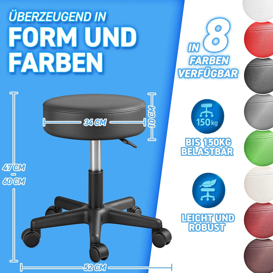 TRESKO Rollhocker höhenverstellbar Schwarz bis 150 kg | Hocker Drehhocker 10 cm Dicke Polsterung 47-