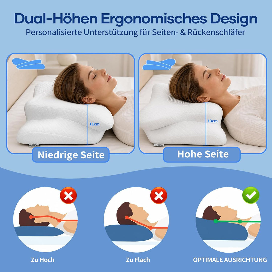 Nackenkissen zum Schlafen, 2-in-1 Ergonomisches Nackenstützkissen | Orthopädisches Memory Foam-Kisse