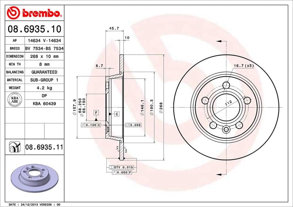 Brembo 08.6935.11 Hintere Bremsscheibe, Anzahl 2