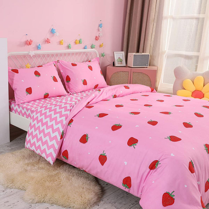 Loussiesd Erdbeere Bettwäsche Set 200x200cm für Kinder Mädchen Frauen Rosa Bettwäsche Erdbeere Muste
