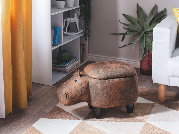Fröhlicher Hippo-Hocker Lederoptik mit Deckel für Kinder hellbraun HIPPO