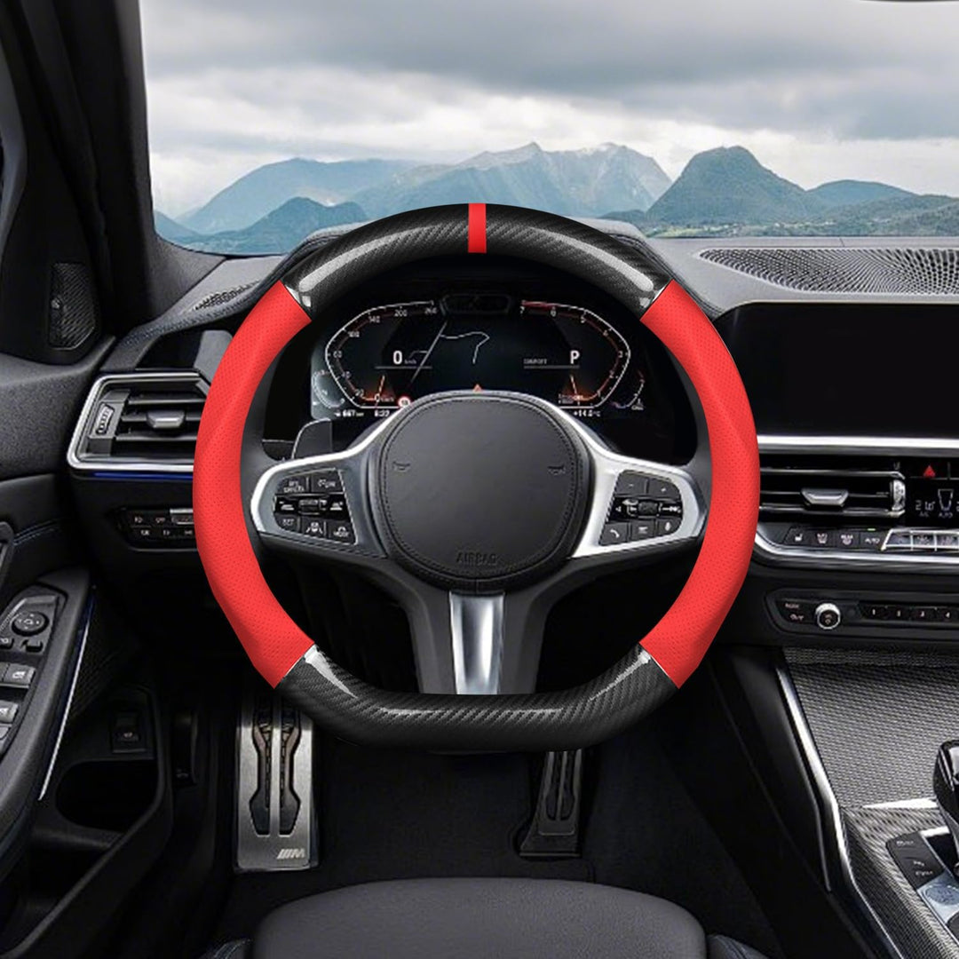 Ergocar Auto Lenkradbezug Rutschfester Auto Lenkradschutz D-Form Kohlefaser & PU Leder für Durchmess