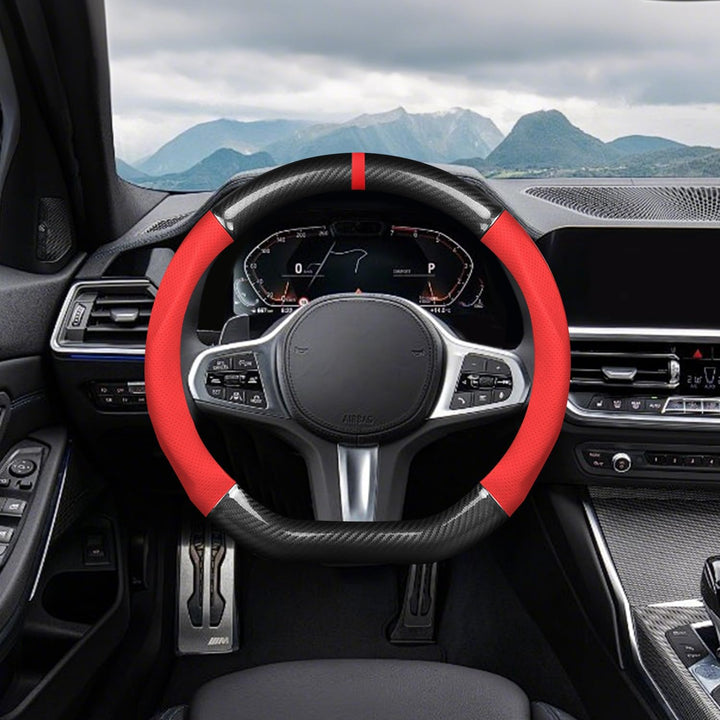 Ergocar Auto Lenkradbezug Rutschfester Auto Lenkradschutz D-Form Kohlefaser & PU Leder für Durchmess