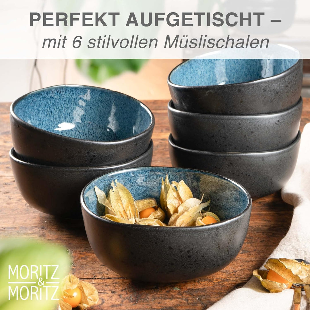 Moritz & Moritz ORGANIC Müslischalen Set 6-teilig Blau, Steingut Bowls im modernen Design, ca. 500 m