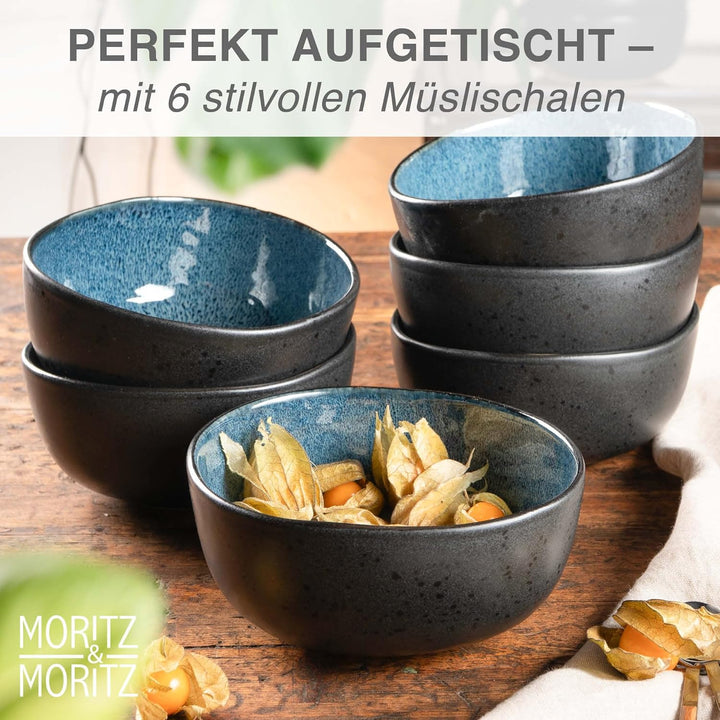 Moritz & Moritz ORGANIC Müslischalen Set 6-teilig Blau, Steingut Bowls im modernen Design, ca. 500 m
