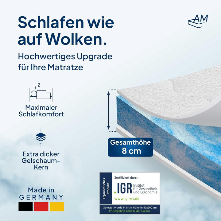 8 cm hoch - Premium Plus Gelschaum-Topper 150x220cm mit RG 50 - Hochwertiger Lyocell-Bezug - Antirut