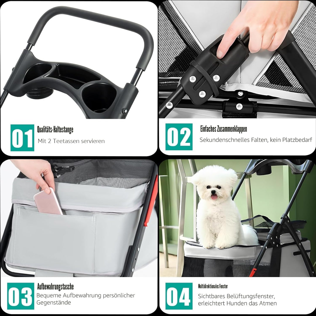 Haustier-Kinderwagen für kleine Hunde und Katzen, zusammenklappbare Hundetrage mit 360° drehbaren Vo