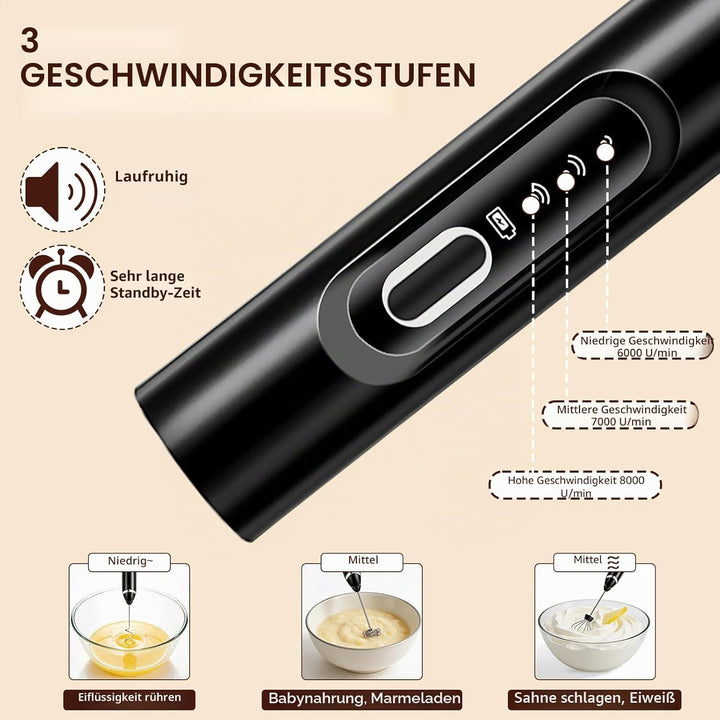 Milchaufschäumer Stab, 3 Gang USB-C Wiederaufladbar Milchschäumer, Milchaufschäumer Elektrisch Stab