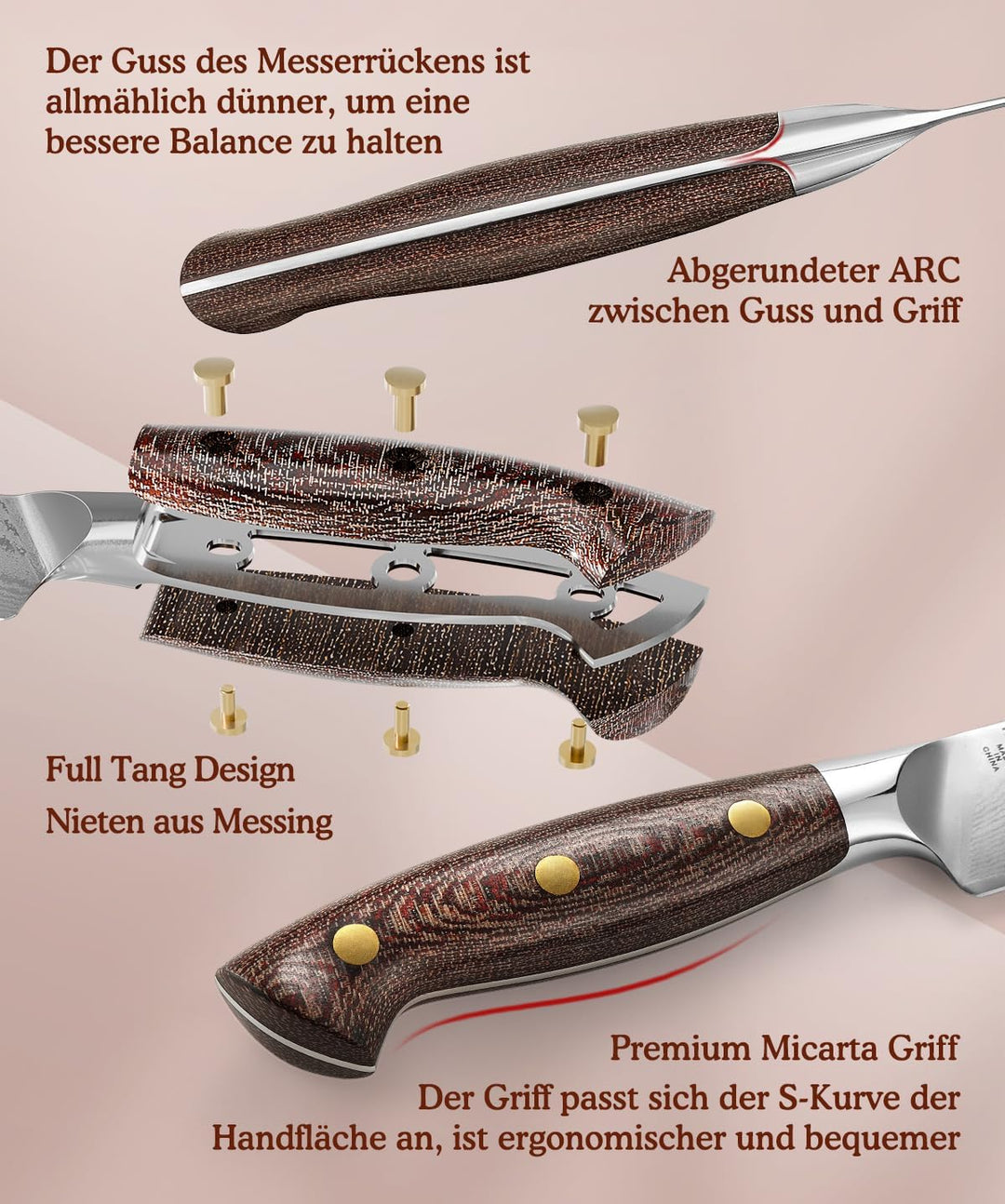 HEZHEN Damaststahl Universal Messer, Hartstahl Allzweckmesser mit Holzmesserscheide, Rasiermessersch