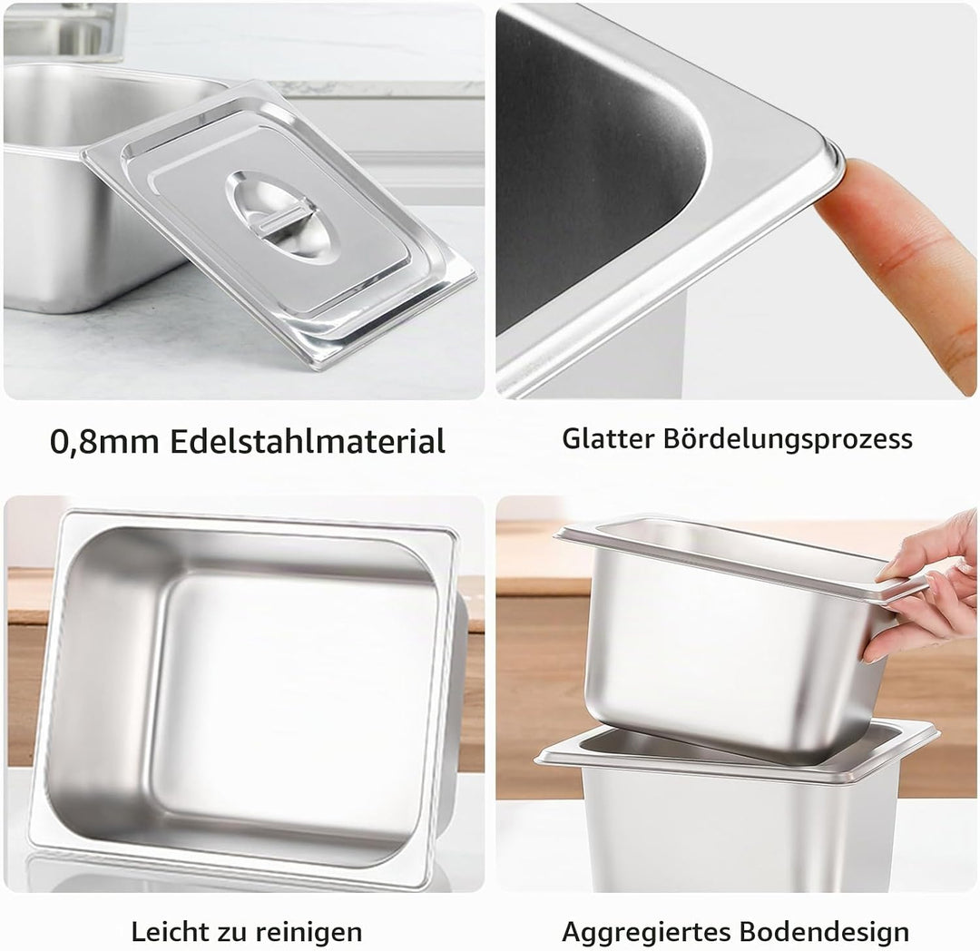 Set 3-teilig GN Behälter 1/6 Edelstahl mit Deckel – Höhe 10cm – Gastro Behälter für Lebensmittelaufb