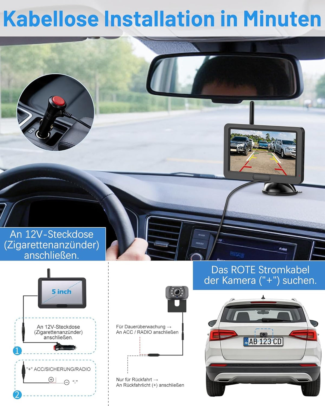 Rückfahrkamera Kabellos, 5" Digital Rückfahrkamera Set HD, Nachtsicht-Kit, Schnellinstallation, Stab