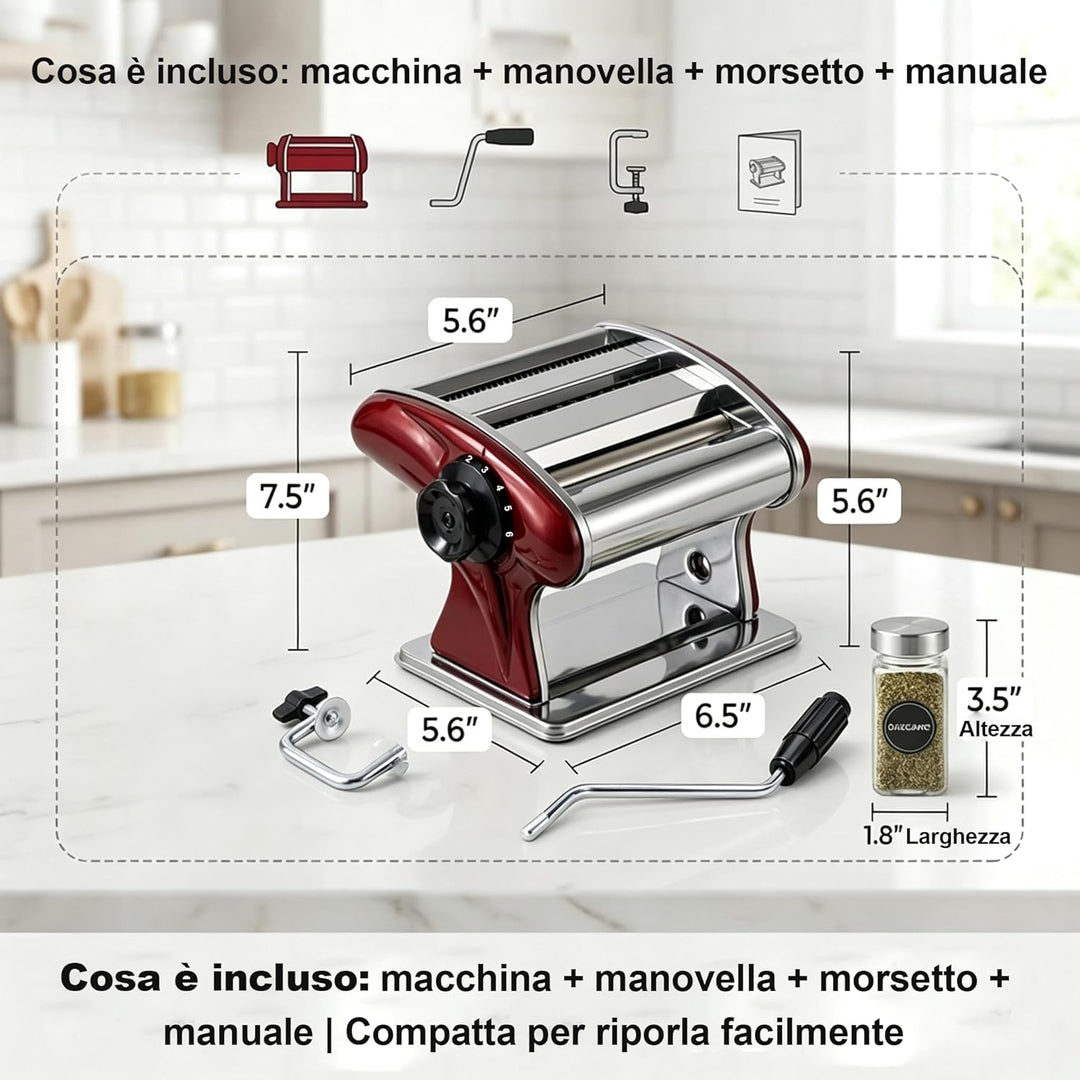 Manuelle Nudelmaschine Edelstahl mit Handkurbel, 6 Einstellbare Dickenstufen 2mm/4mm Doppelschneider