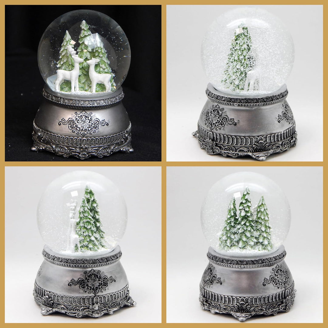 Schneekugel Hüttenzauber 2 weisse Rehe vor Tannenbaum | Sockel Zinnoptik Ornamente | mit Spieluhr |