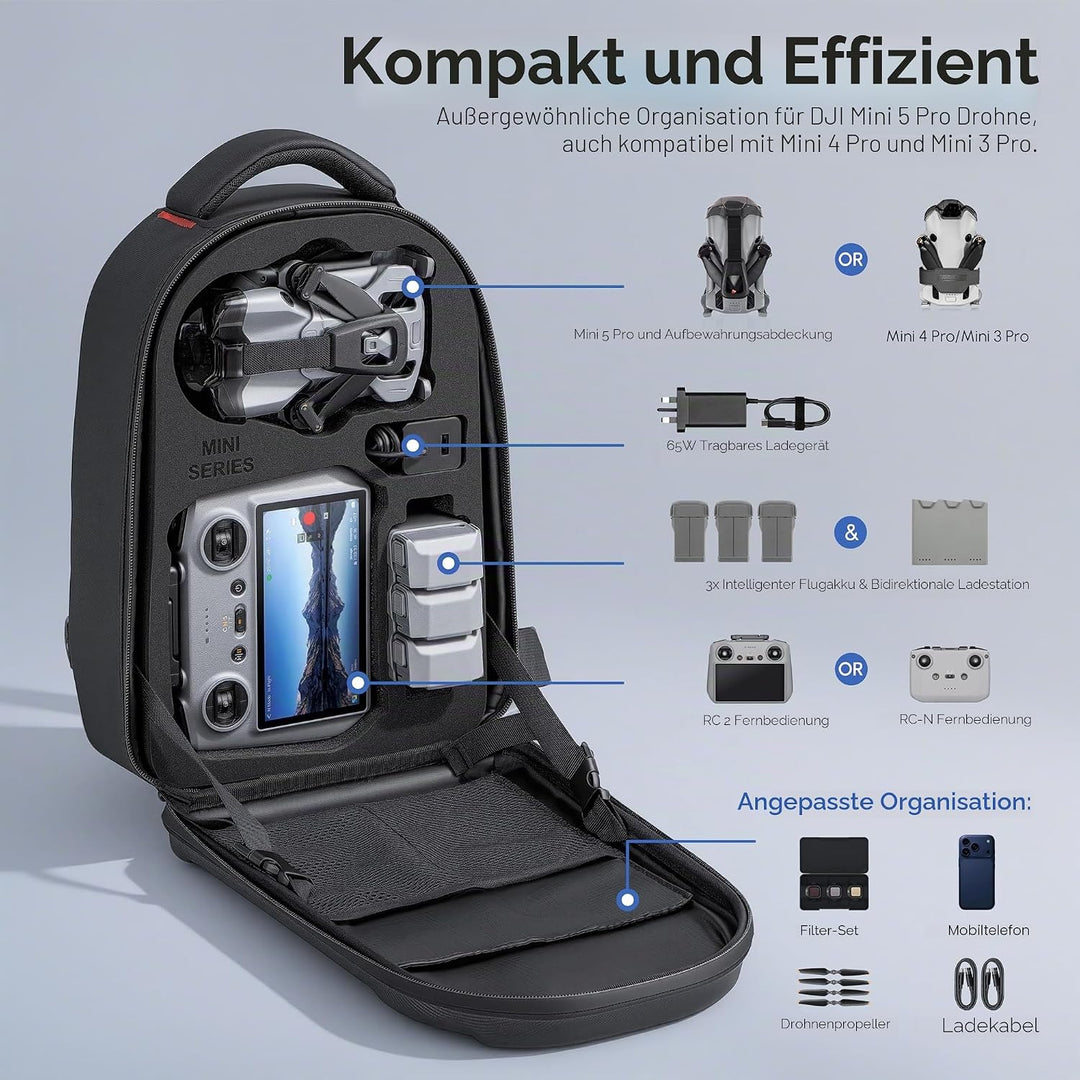 STARTRC Tasche für DJI Mini 5 Pro, Wasserdichter Hartschalen-Rucksack mit Mini 5/4/3pro Drohne, RC 2