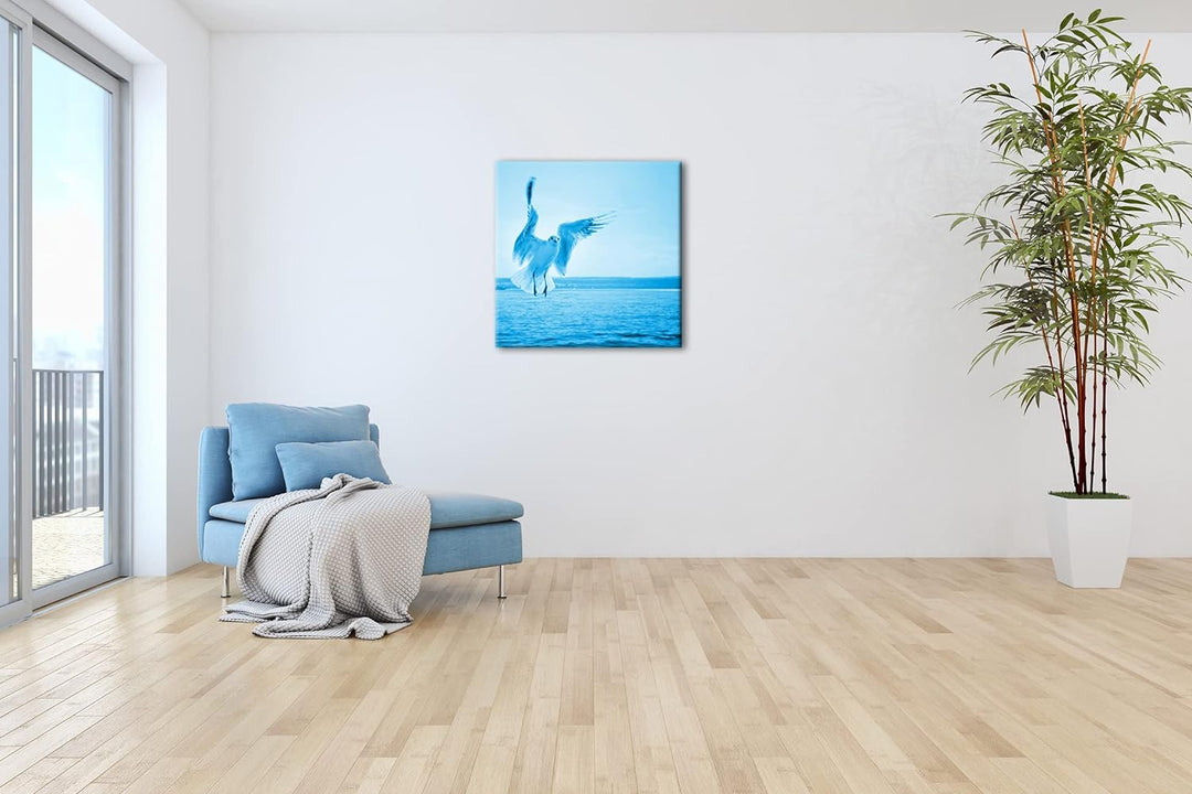 Fliegende Möwe über dem Bodensee im Format: 70x70 Effekt: Zeichnung als Leinwandbild, Motiv auf Echt