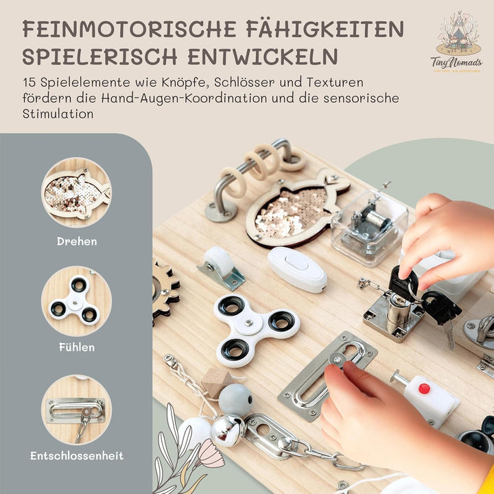 Tiny Nomads Montessori Busy Board motorikbrett ab 1 2 3 4 Jahr - Motorikboard für Baby Sensorik Acti