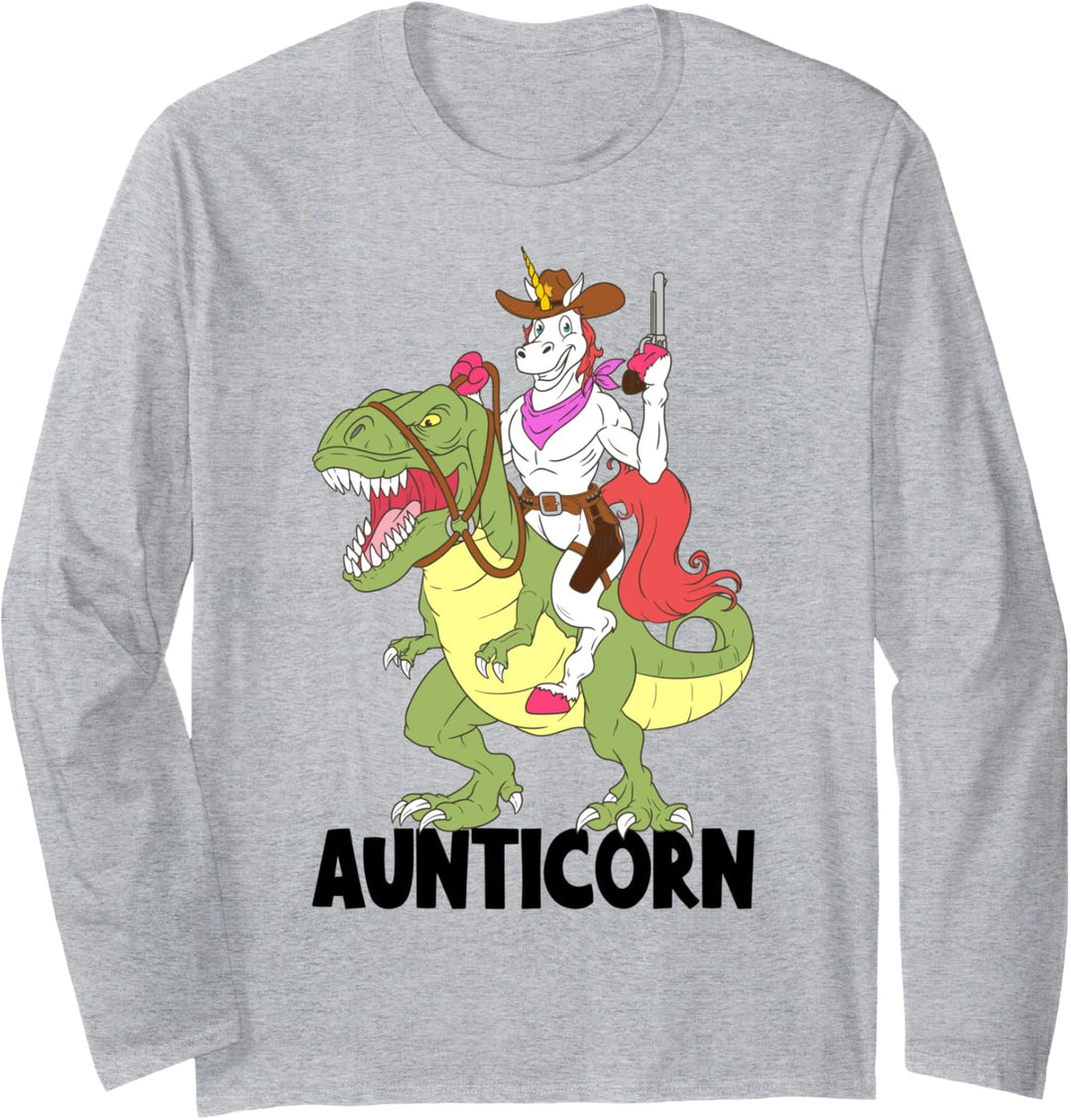 Unicorn Aunt Aunticorn Riding Dinosaur T-Rex Cowboy Sheriff Langarmshirt