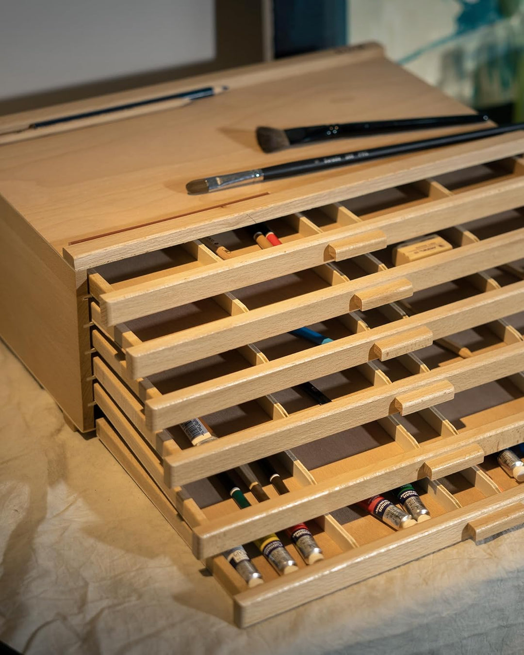 DJAR Grosse Kunst Aufbewahrungsbox mit 6 Schubladen, Tragbares Buchenholz Kunst Suppiles Organisator