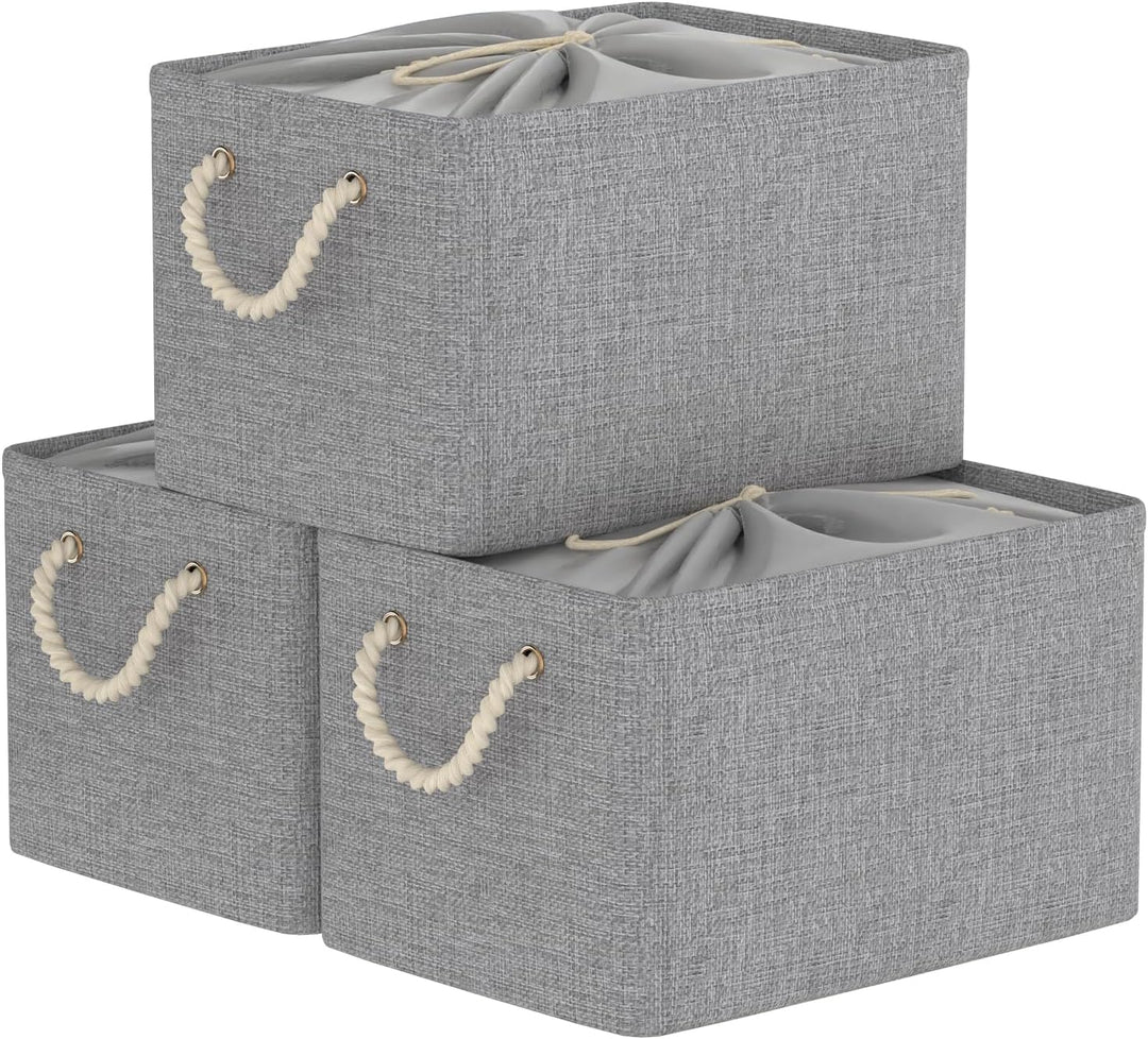 Yawinhe 3er Set Aufbewahrungsbox mit Deckel,Faltboxen aus Stoff mit Kordelzug-Abdeckung und 2 Griffe