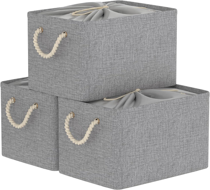 Yawinhe 3er Set Aufbewahrungsbox mit Deckel,Faltboxen aus Stoff mit Kordelzug-Abdeckung und 2 Griffe
